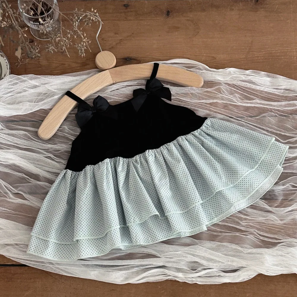 INS Style Summer Infant Baby Girls Bow Sling Dress Polka Dot Double Layer Doll Dress Toddler Princess Blouse Outfit