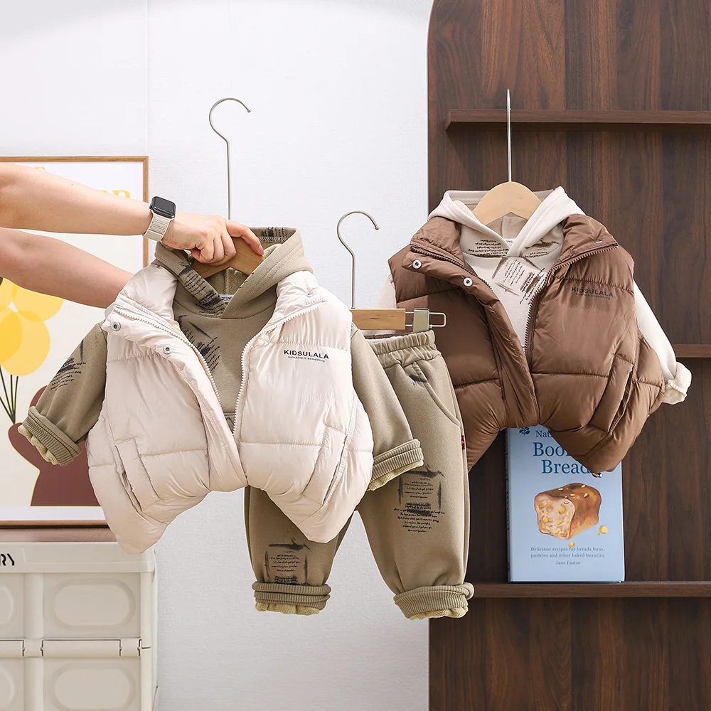 

Boys Thick Clothes Sets Winter Children Down Vest Hoodies Coats Pants 3pcs Warm Sweatshirts Suit For Baby Tracksuits Kids Outfit