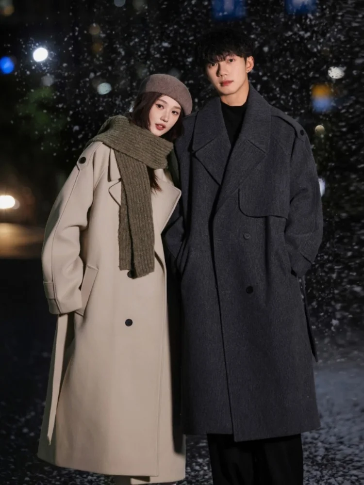 

Korean Sle Men's Long Woolen Coat Autumn Winter Knee-Length Double-Breasted Trendy Flannel Jaet Warm Casual Outerwear