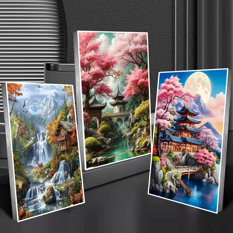DIY Diamond Painting 3Pcs Frameless Pavilion Mountain Natural Scenery Triptych Full Drill Mosaic Diamond Embroidery Cross Stitch