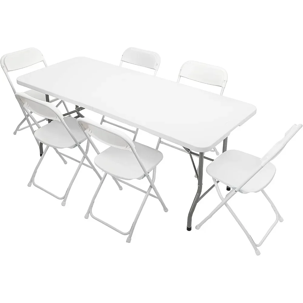 6 FT Plastic Folding Table Set with 6 White Folding Chairs for Picnic, Event, Training, Outdoor Activities