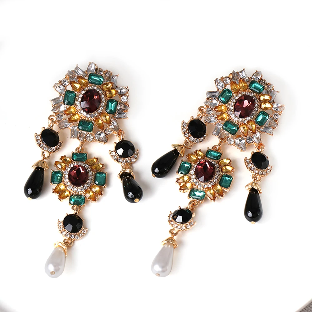 Vintage Simulated Pearls Rhinestone Earrings For Women Ethnic Style Statement Crystal Drop Earrings Indian Jewelry Accessories