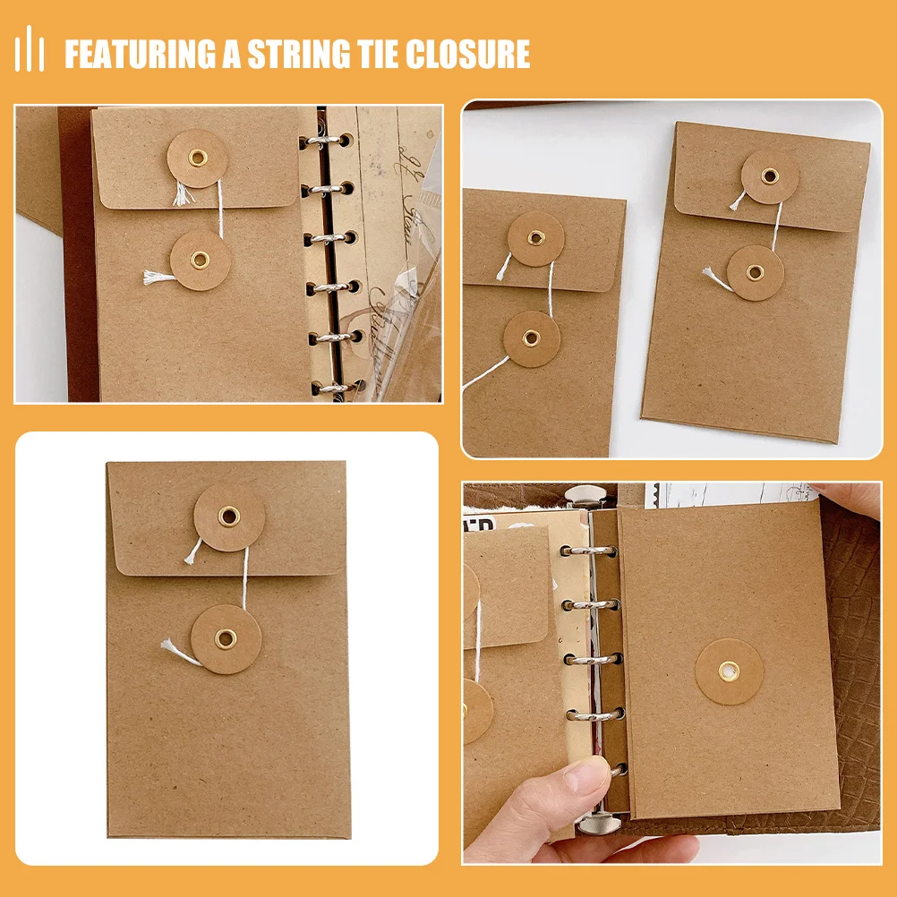 5Pcs Kraft Paper Envelopes Vintage Document Bags String Tie Closure Small Square for Office Wedding Card Invitations