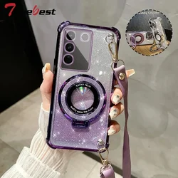 크로스 바디 끈 충격 방지 반짝이 도금 Magsafe 홀더 케이스 삼성 갤럭시 A16 A06 A15 A25 A35 A55 A14 A24 A34 A54 5G