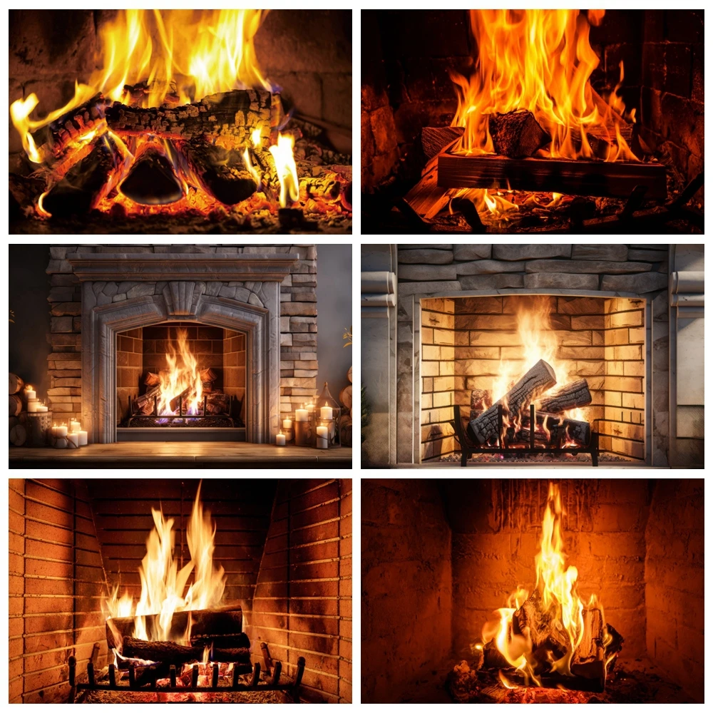 Fireplace Fire Backdrop Burning Flame Brick Wall Christmas Baby Portrait Family Party Decoration Photography Background Banner