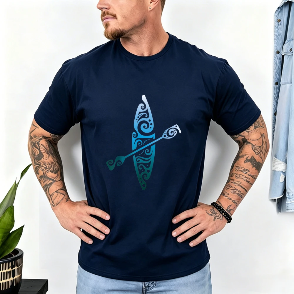 Tribal Pattern Kayak Paddle Baumwolle Kurzarm-Tops für Herren, ethnisch, Outdoor, ästhetisch, minimalistisch, Wassersport, lässig, Urlaub, T-Shirts