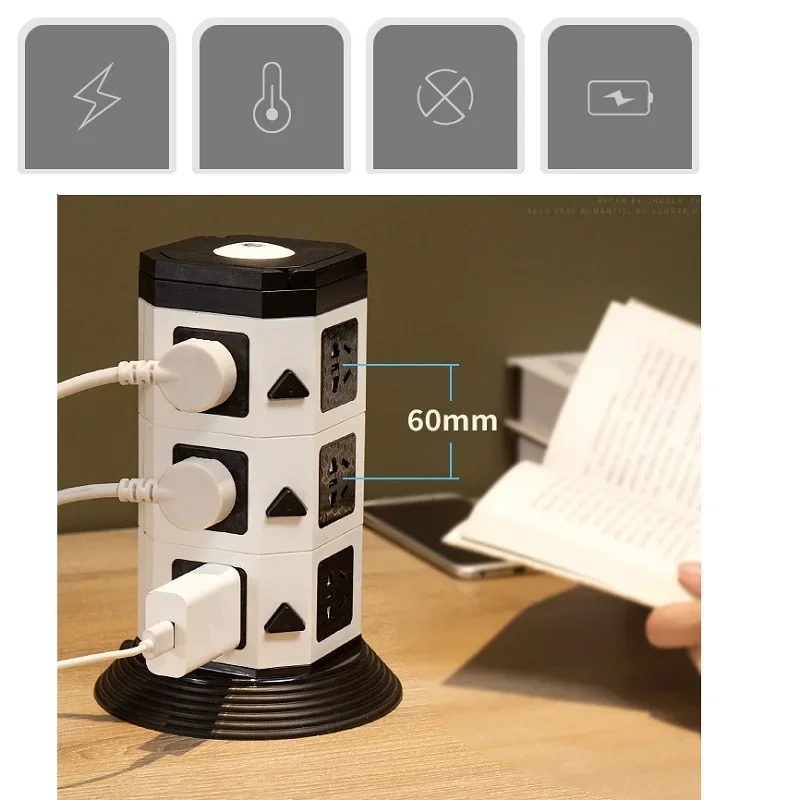 Imagem -03 - Tower Power Strip Vertical Desktop Multi Socket Cabo de Extensão Proteção contra Sobrecarga 11 15 Tomada com Dual Usb 18 m
