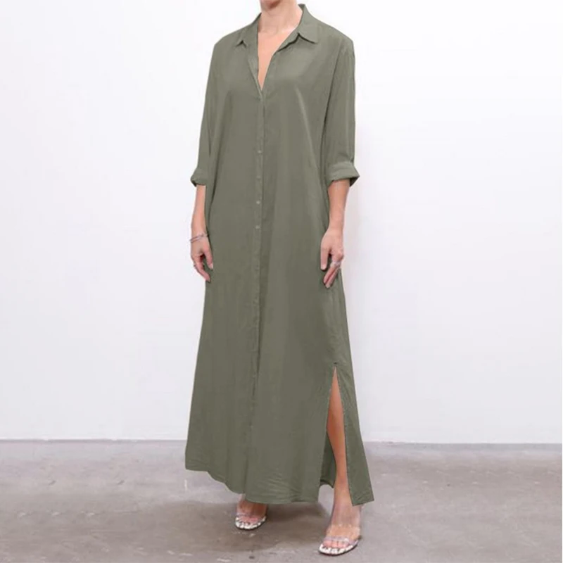 Spring Sundress Fashion Women Long Shirt Dress Casual Loose Work OL Dresses Elegant Lapel Neck Long Sleeve Solid Vestidos