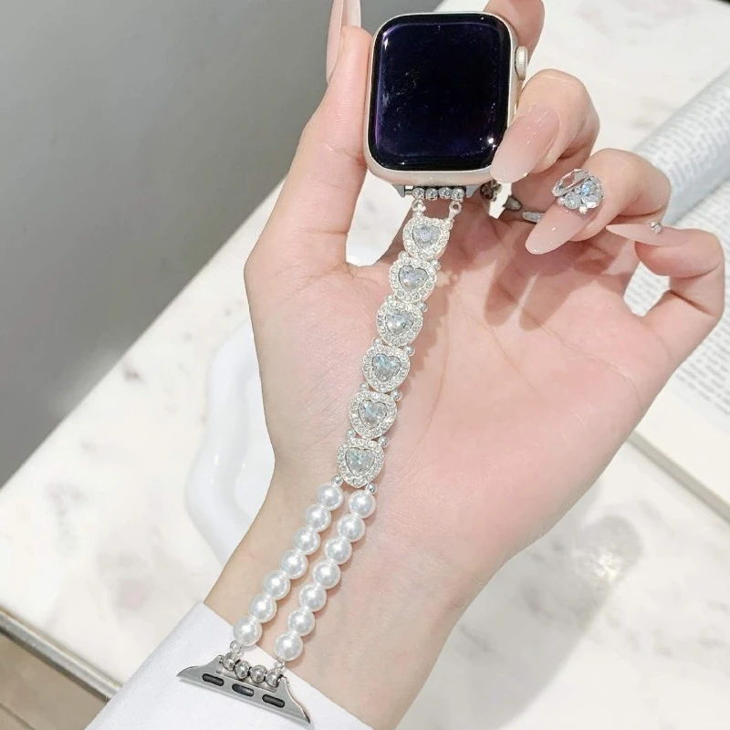 Rhinestone Heart Pearl Band for Apple Watch Series 12 11 10 9 8 Ultra4 49mm Double Layer Beaded Strap 40 41 44 45 46mm Wristband
