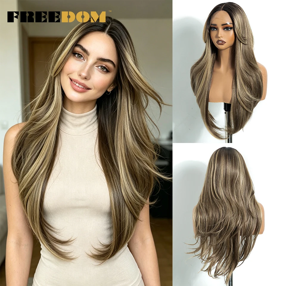 FREEDOM Straight Layered Synthetic Lace Front Wigs For Women 26 inch Wig With Bangs Ombre Brown Blonde Highlight Daily Party Wig