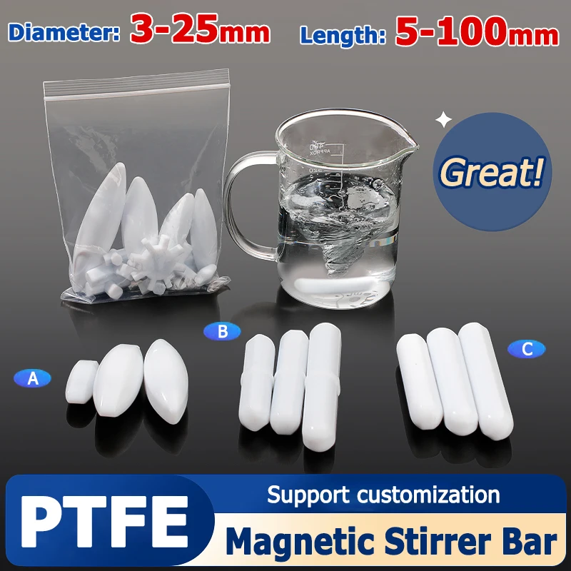 

1-5pcs Dia 3-25mm Magnetic Stirrer Bar Type-A/B/C PTFE Magnetic Stirrer Mixer Stir No Burrs Laboratory Experiment Length 5-100mm