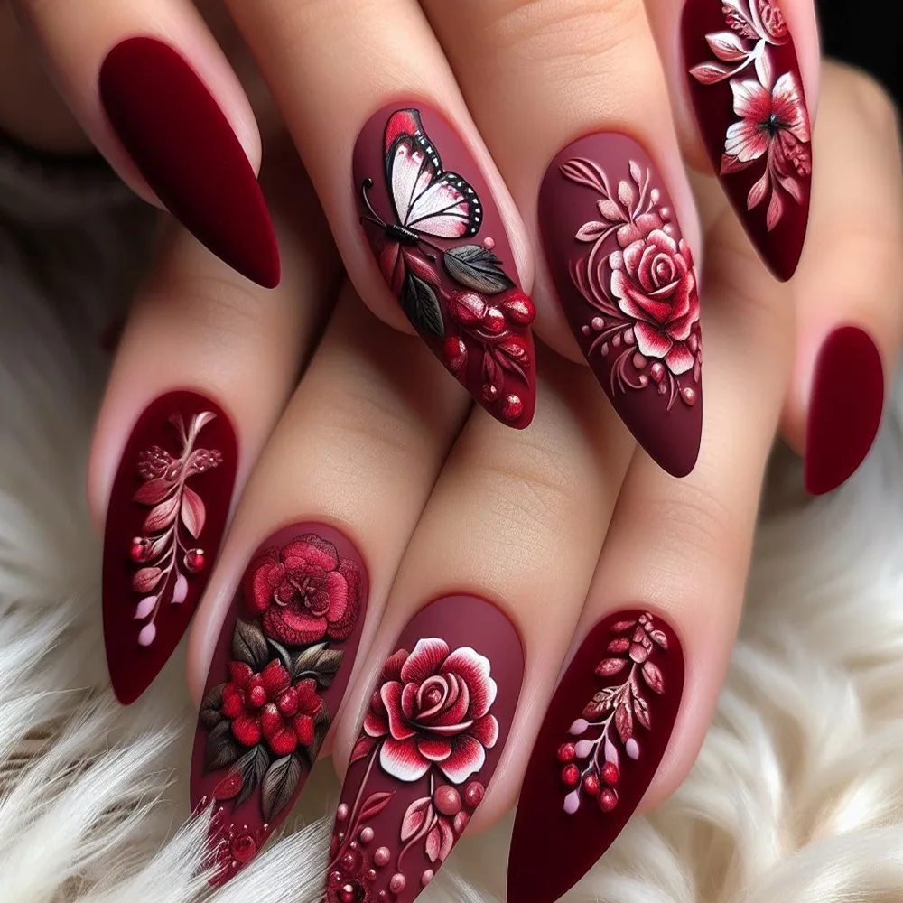 24Pcs Wine Red Full Cover Almond Nail Sets with Butterfly Flower Pattern Design False Press on Nails Art Long Rose Fake Nails