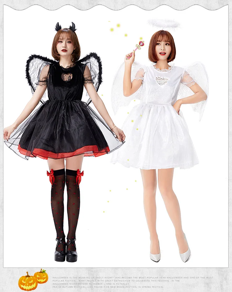 Halloween Costume Sexy Lace Gauzy Princess Dress Adult Cosplay Devil Fallen Angel and White Angel Carnival Party Dress Up