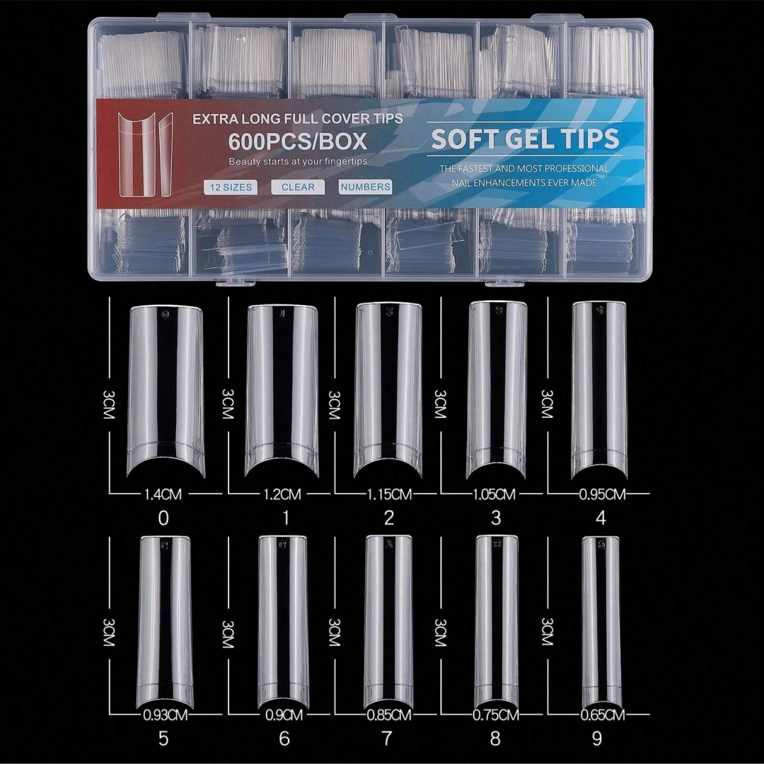 600 قطعة من أطراف الأظافر No C Curve XL، أظافر صناعية شفافة طويلة مربعة مستقيمة 10 مقاسات نصف غطاء أظافر صناعية لمهني صالونات الأظافر