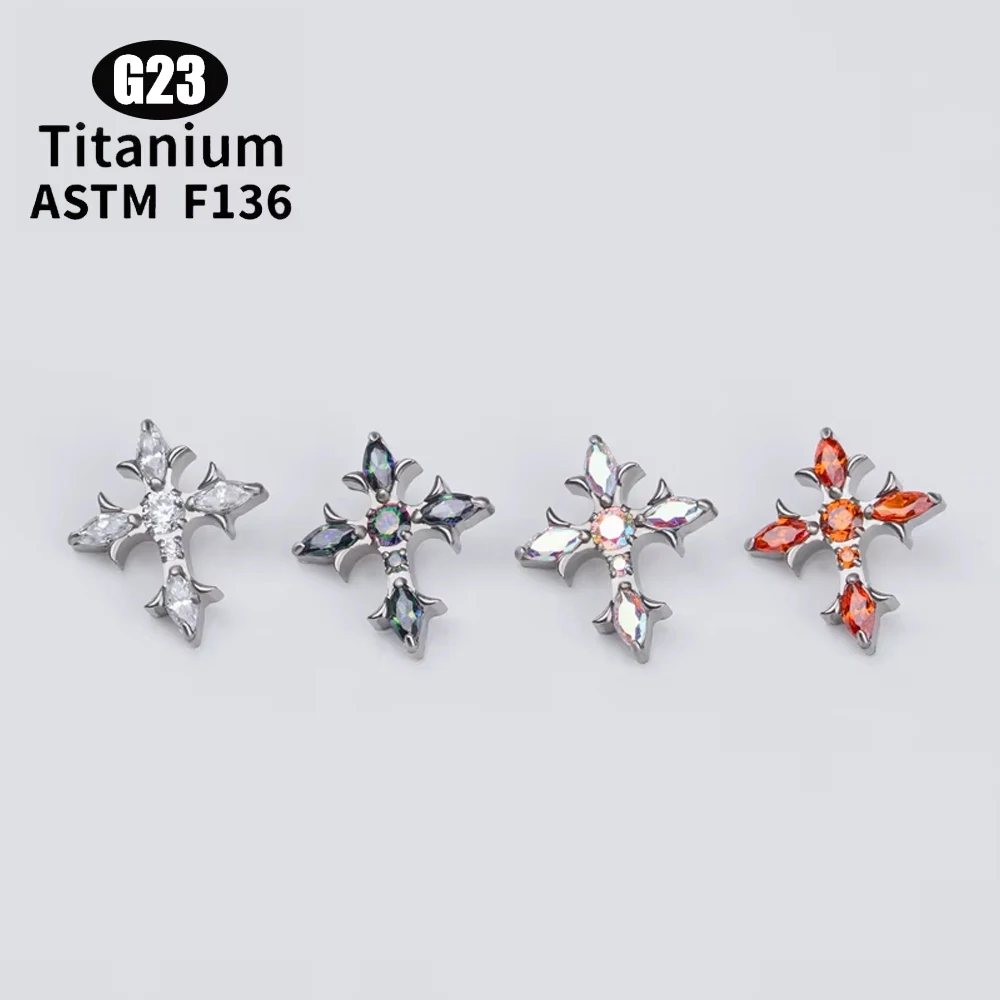 1Pc ASTM F136 Titanium Marquise Cross Lab Piercing Gothic Punk Lobe Ear Studs Flat Internal Thread Labret Nose Studs Lip Studs