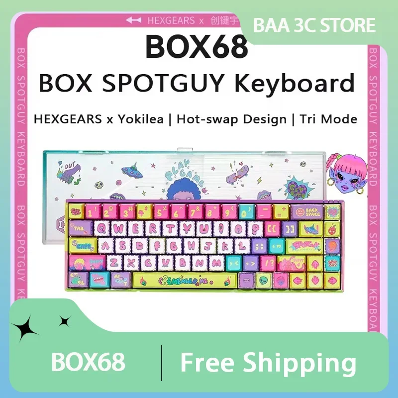 BOX68 SPOTGUY Mechanical Keyboard Three Mode Customized Eerie Doodle Style RGB Gasket 65% Layout Ergonomics PTB Keycap