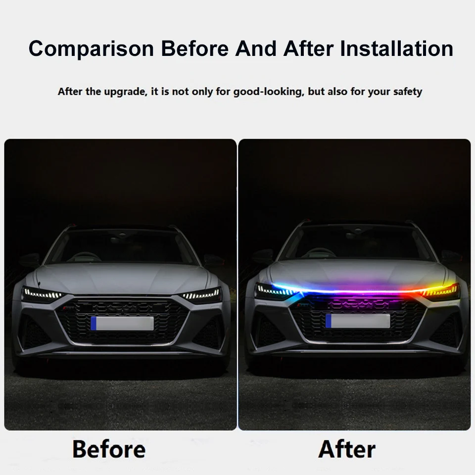 2022 Newest LED Car Hood Light Daytime Running Lights Auto Remote App RGB Flowing Turn Signal Guide Thin Strip Lamp Styling 12V