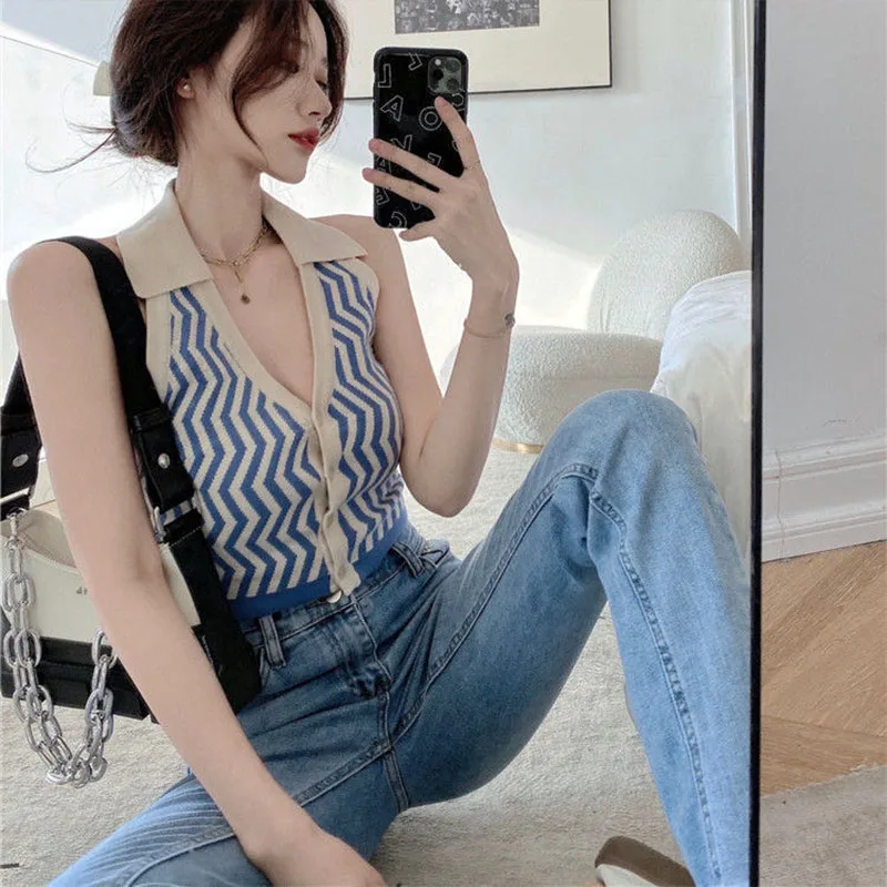 

Women Clothing Vintage Chic V-neck Striped Knit Camisole Summer Fashion French Sexy Sweet Slim Backle Sleeveless Crop Top