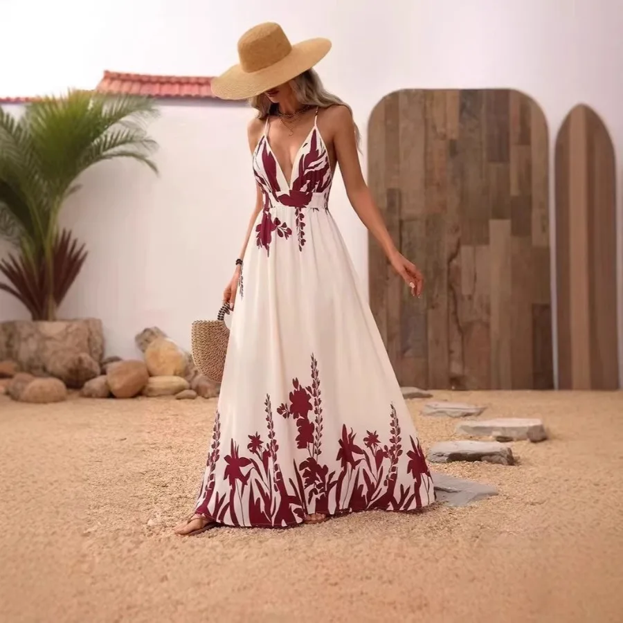 

2026 - Новое летнее женское платье оверсайз в отпускном стиле с цветочным принтом, на бретельках, с открытой спиной, сексуальное