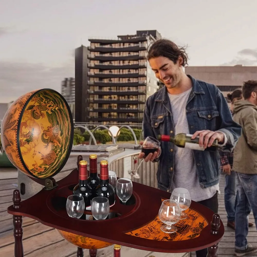 Globe Bar, soporte para wine bar de madera de 34,5 pulgadas con ruedas, estante inferior y mapa del viejo mundo, réplica italiana del siglo 16 Globe Bar Liquo