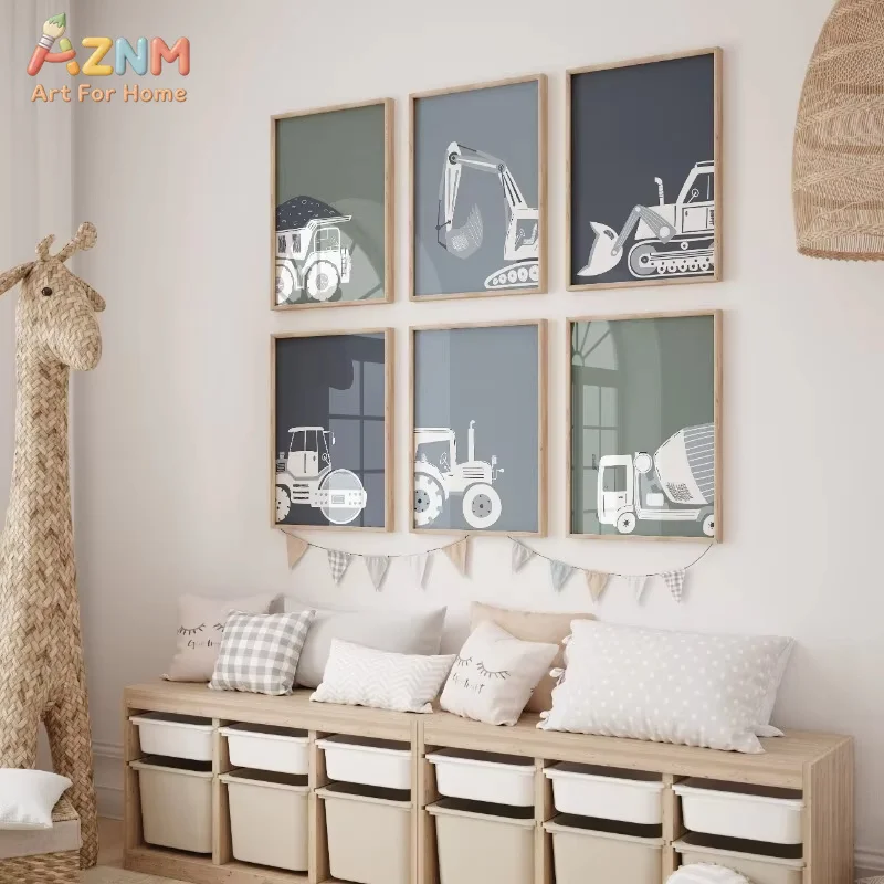 Modern Cartoon Construction Vehicles Poster Truck Tractor Excavator Canvas Painting Wall Art for Nursery Boys Room Home Decor