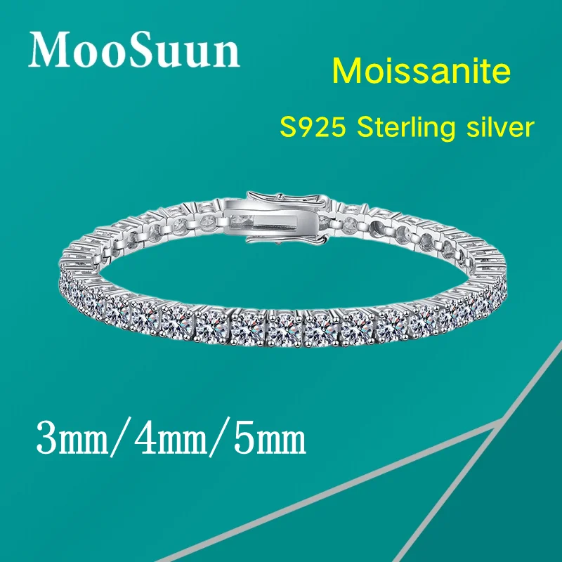 

MooSuun 3mm 4mm 5mm Moissanite Diamond Tennis Bracelet for Women Men S925 Sterling Silver Sparkling Fine Jewelry Zircon