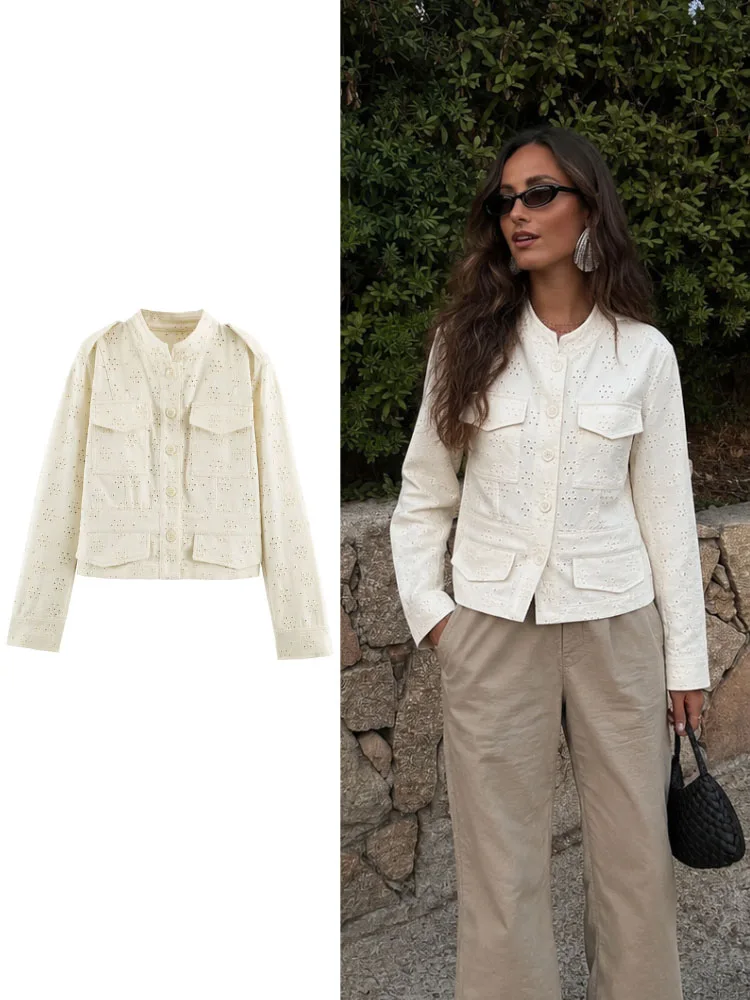 HH Women Spring Summer Off White Eyelet Embroidery Stand Collar Cropped Long Sleeve Jacket For Holiday Vacation Outdoor