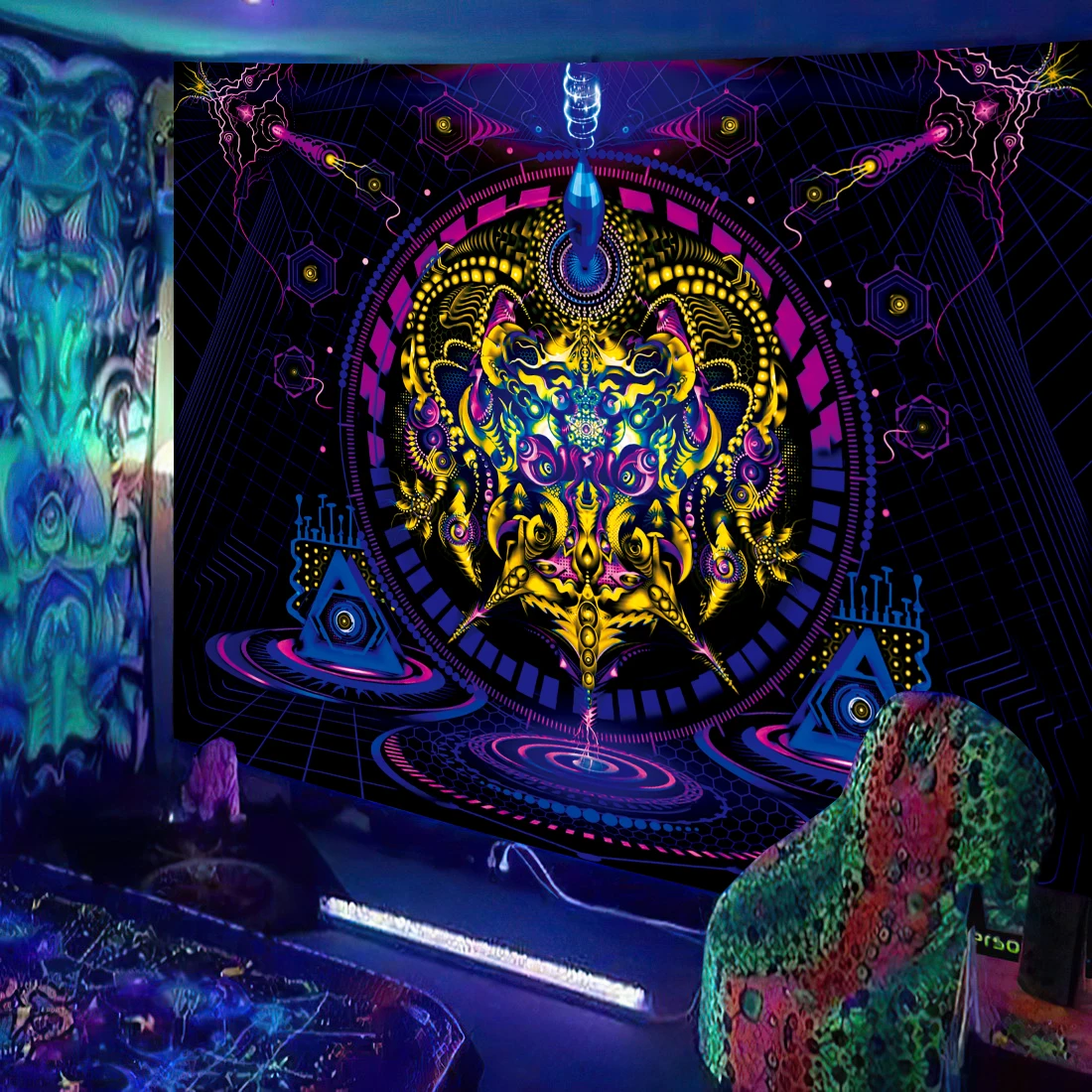 Schwarzlicht-Wandteppich, UV-reaktiv, psychedelischer Pilz, Fraktalkunst, Wandbehang, Schlafzimmer, Wohnheim, separater Raum, Party-Dekoration