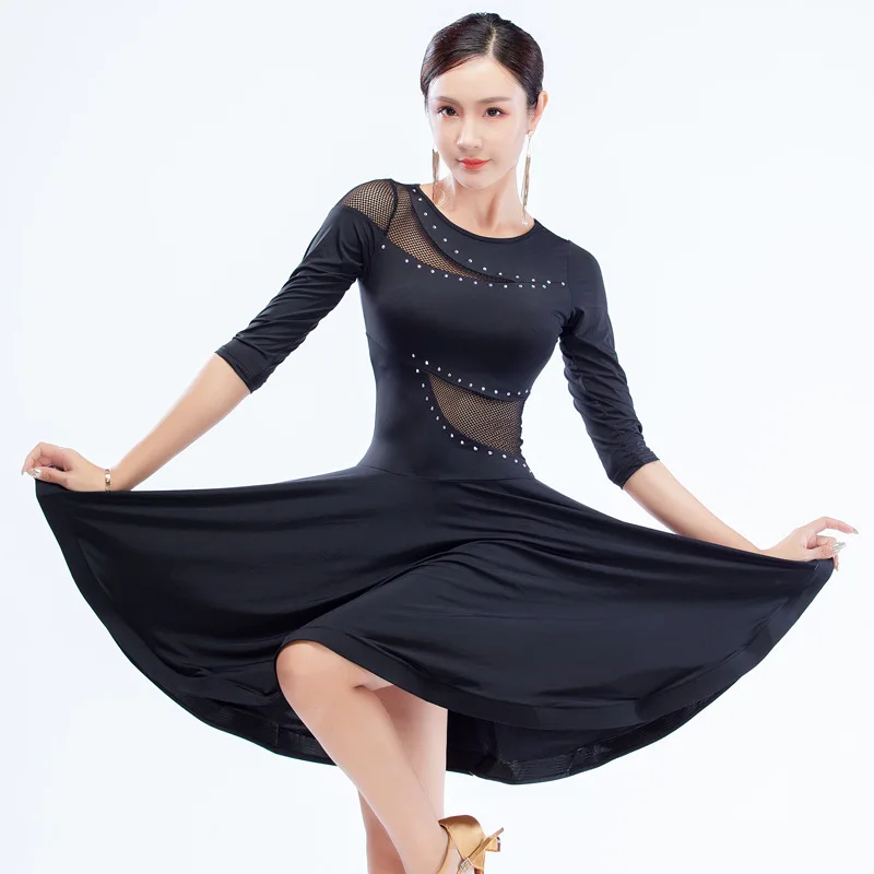 

New Latin dance dress for adults High quality long sleeved large swing skirt girl Black Shiny Diamond ballroom Dance dress