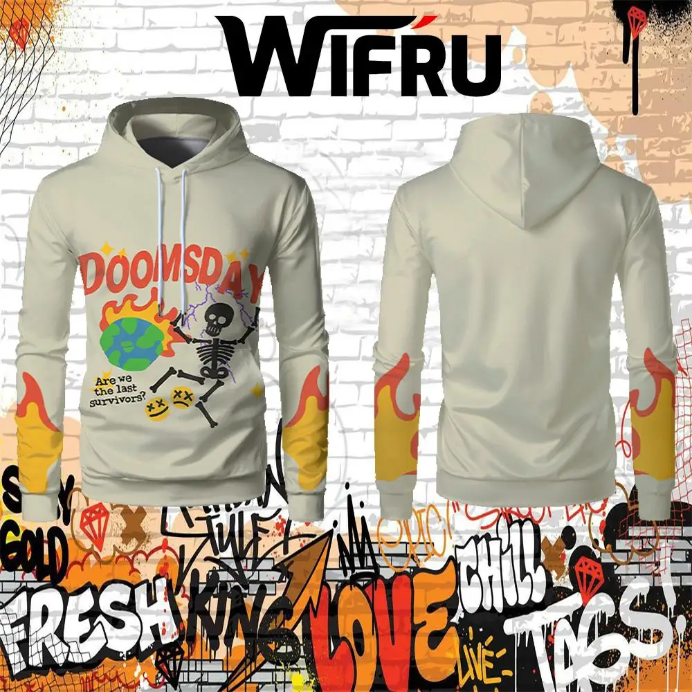 

Y2K Hip-hop Trendy Brand Skull Flame Graphic Men's Hoodie Unisex Casual Loose Tops Autumn/Winter Warm Couple Street Sweatshirt
