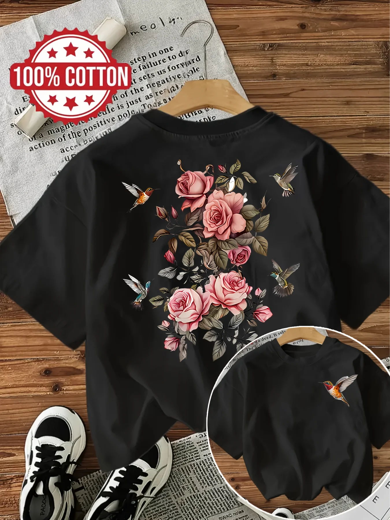 Gothic 100% Cotton Women'S Floral with Bird Print T-Shirt Casual Round Neck Short Sleeve Tee Flowers Vintage Ladies T Shirts