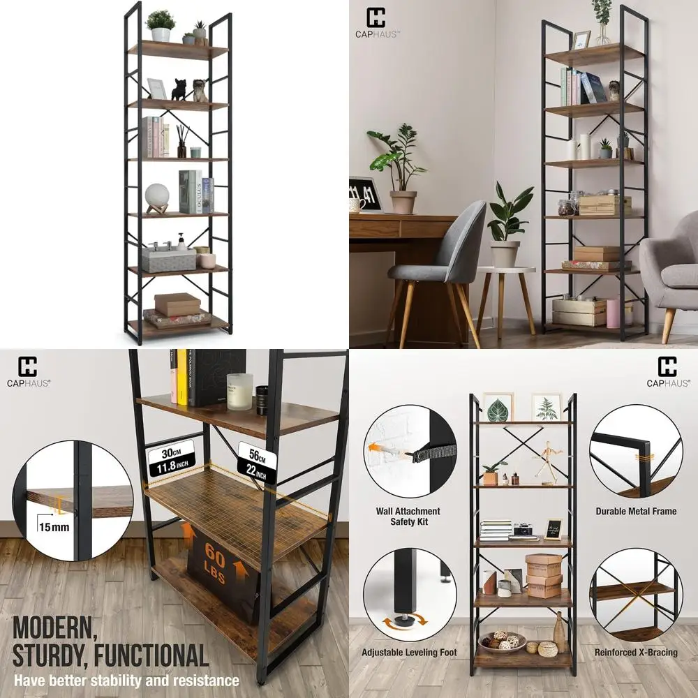 

Industrial Style 24 Inch Wide Freestanding Bookshelf, 6-Shelf Storage Organizer for Home, Rustic Bookcase with Industrial Design