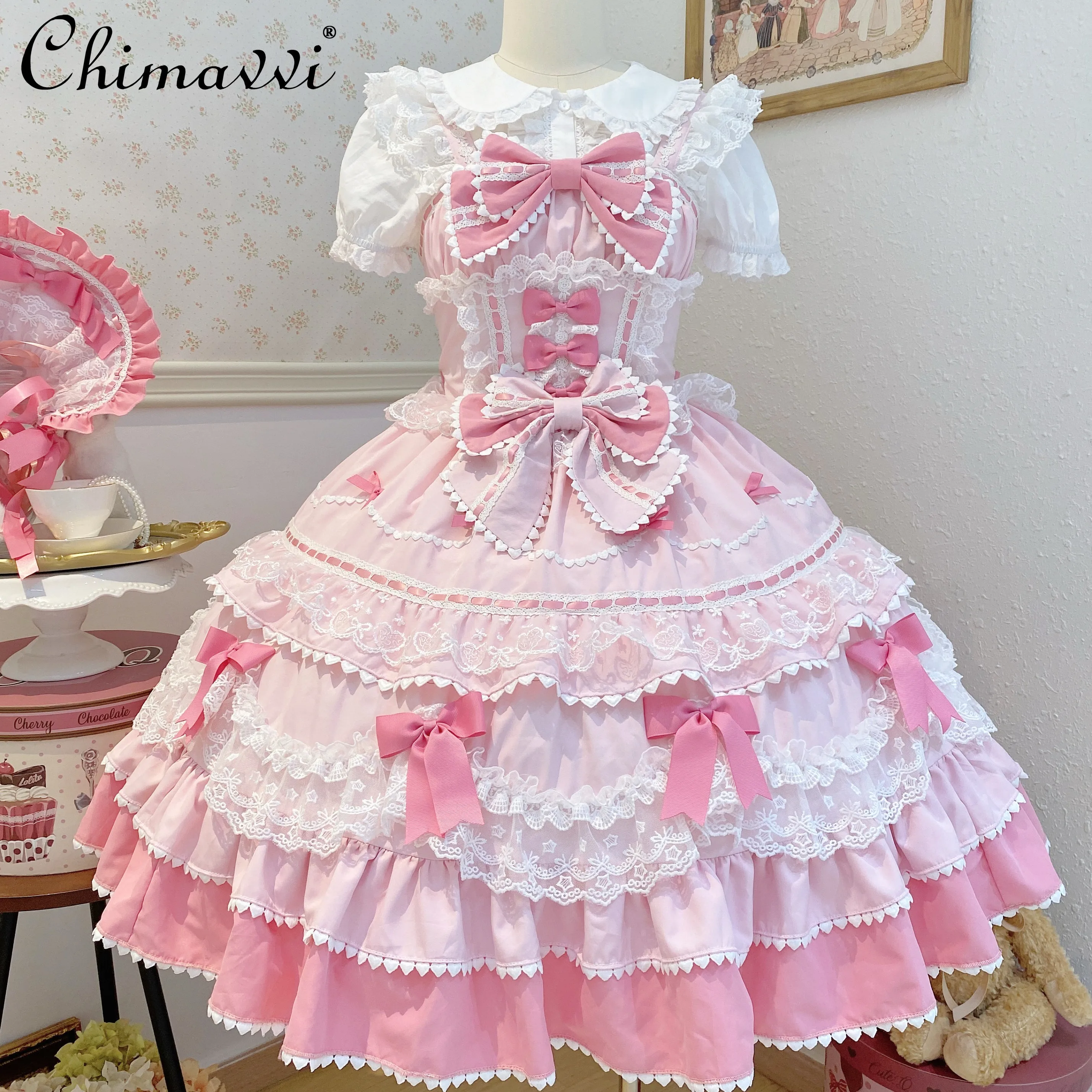 New 2025 Summer Original Sweet Lolita Jsk Dress Cute Bow Lace Stitching Kawaii Girls Women Elegant Slim Suspender Dresses - Image 2