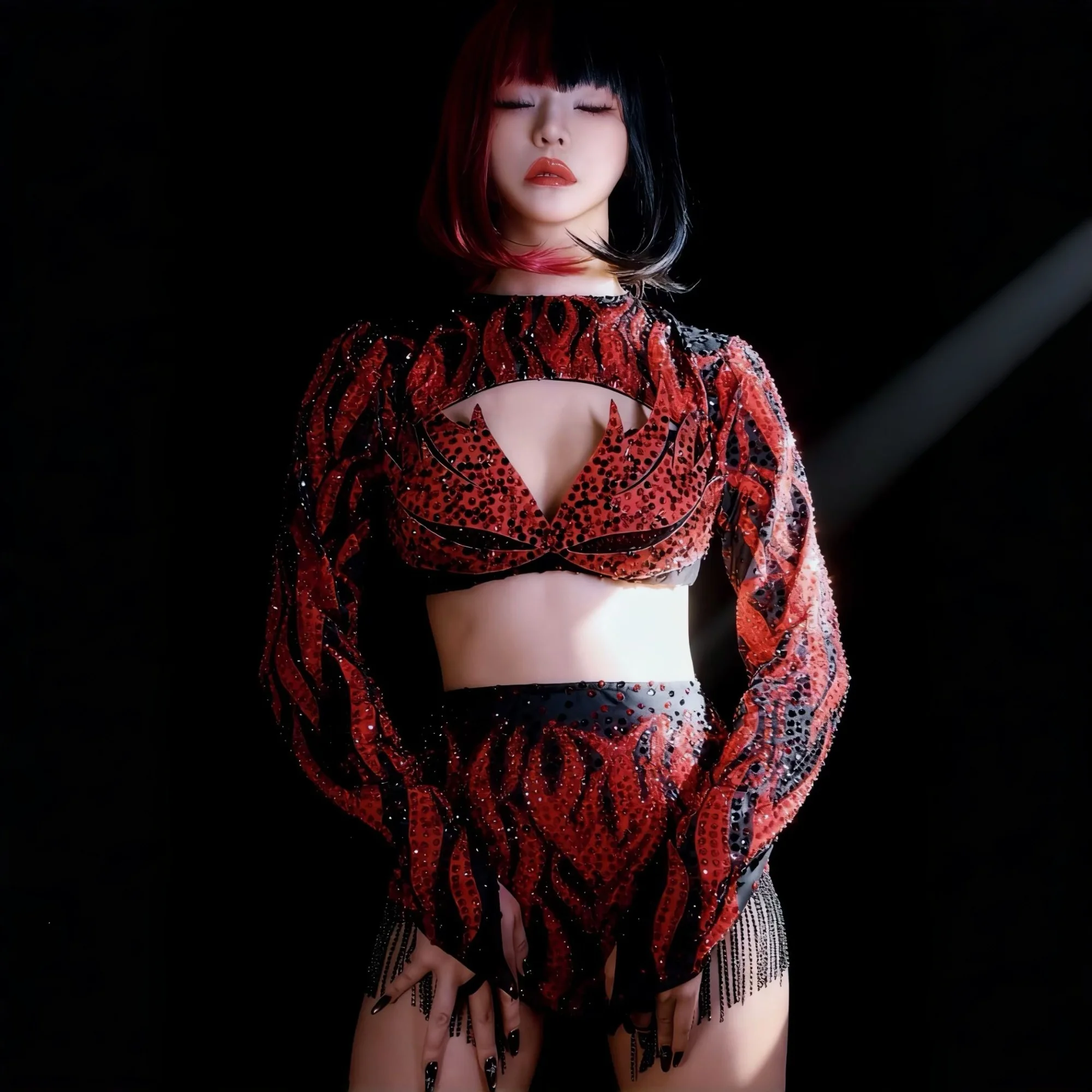 

Party Show Sparkly Rhinestone Red Low-cut Crop Tops Bodysuit 2Pieces Set Tassel Nightclub Drag Queen Performer Outfit Hongyun