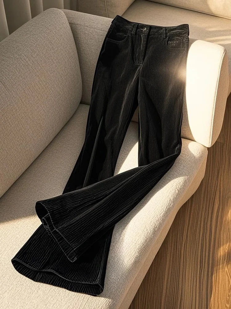 

Новые зимние вельветовые брюки-клеш с высокой талией, универсальные, стройнящие, в европейском и корейском стиле, маленькие размеры