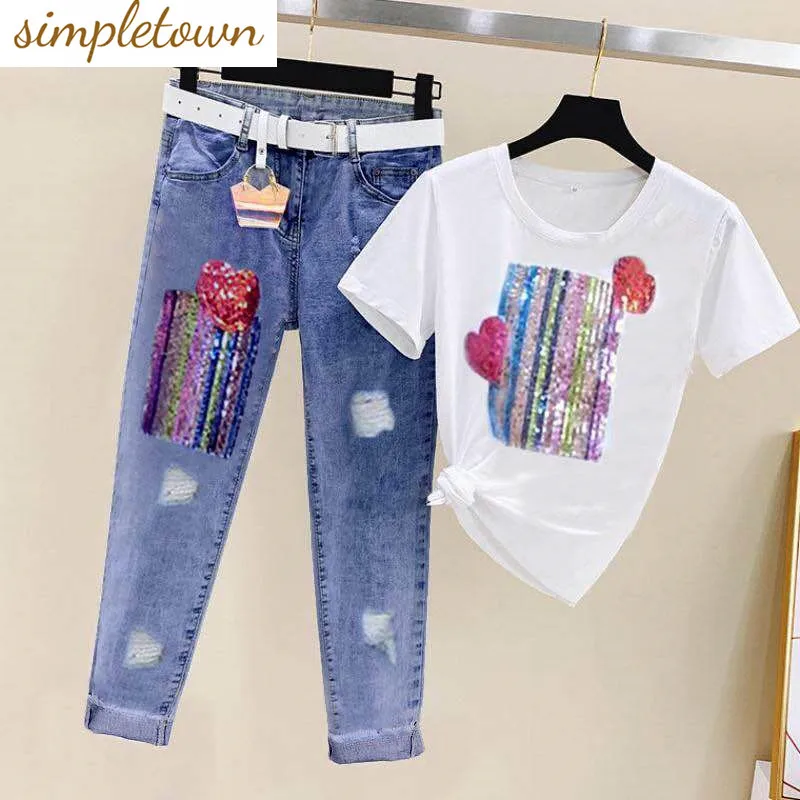 

Vintage Love Print Short Sleeve T-shirt Casual Wide Leg Jeans Two Piece Set Elegant Women's Pants Set Summer Outfits