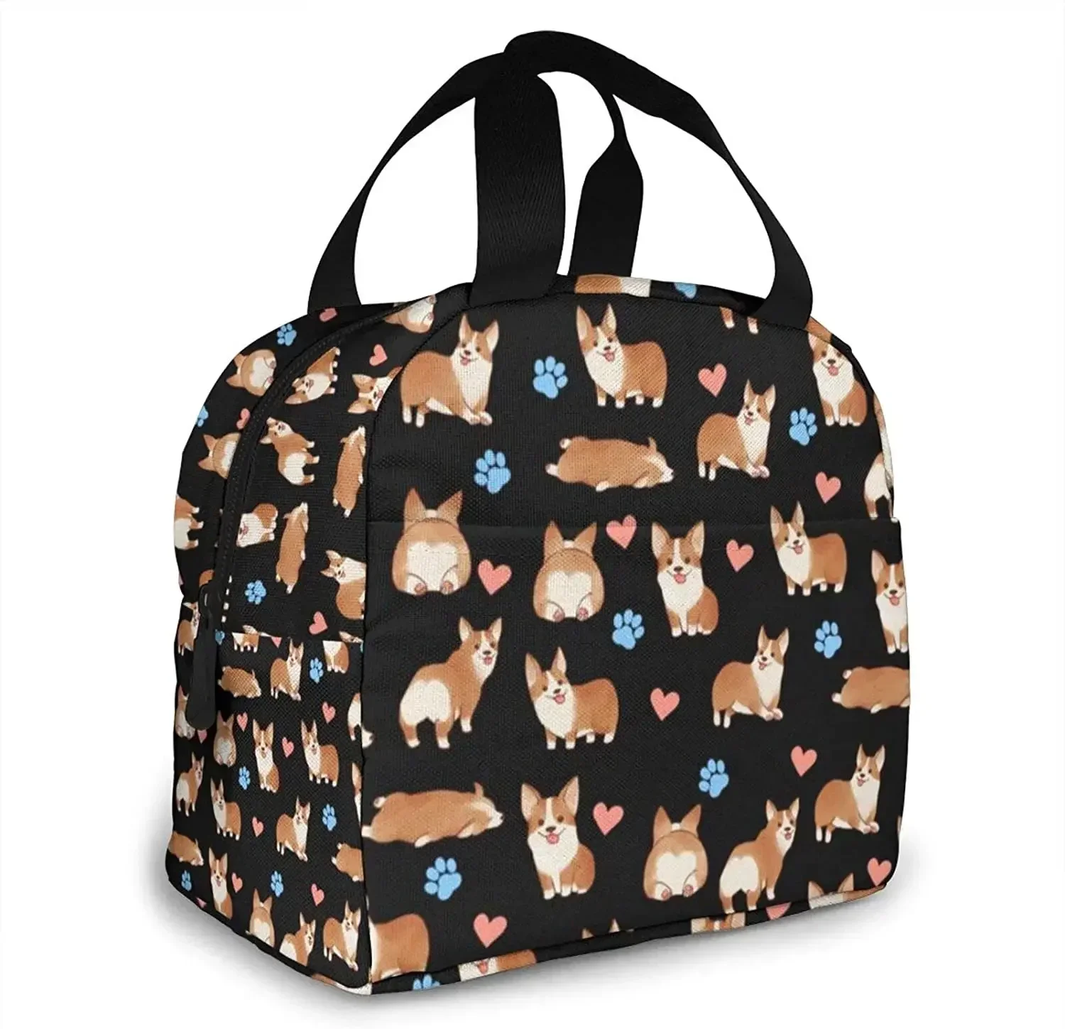 Cute Corgi Dog Lunch Bag for Women Insulated Lunch Box with Front Pocket Reusable Cooler Tote Bag for Work Office School Picnic