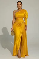 Sexy Formal One Shoulder Evening Dress for Women's Plus Size Split Hem Solid Satin Cocktail Wedding Guest Party Maxi Dress