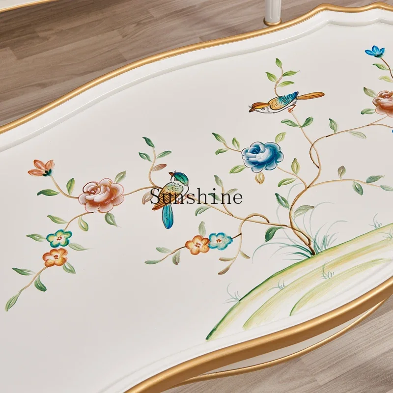 

French living room furniture hand-painted coffee table oval solid wood table gold carvingYY