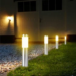 Solar Stainless Steel LED Modern Pathway Lights Upgraded Courtyard Outdoor Garden Cylindrical Lawn Light Outside Walkway Decor