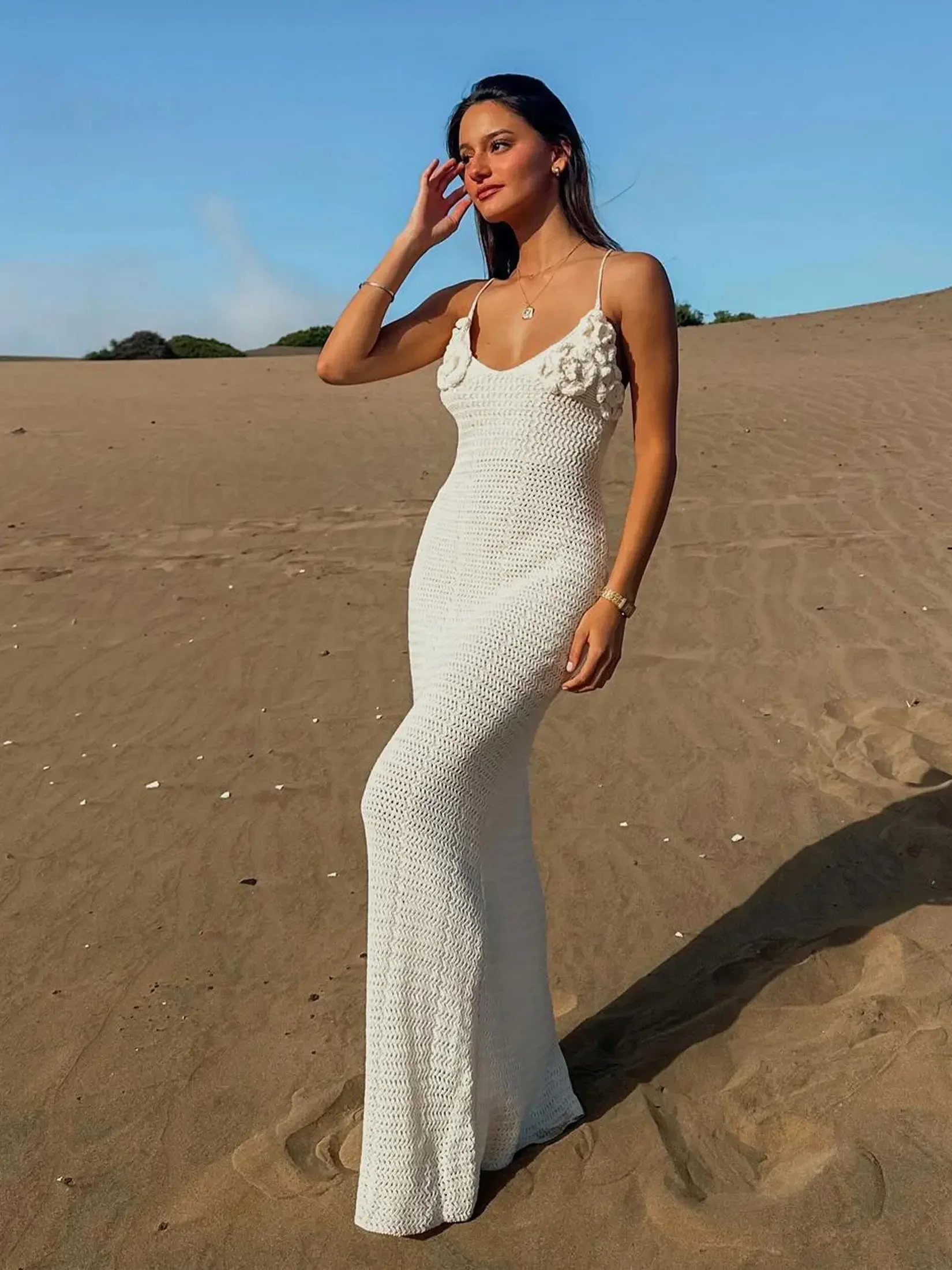 Sexy Knit Cut Out Spaghetti Strap Flower V Neck Bodycon Beach Maxi Dress 2025 Summer Women Holiday Outfit Swimwear Cover Up K79