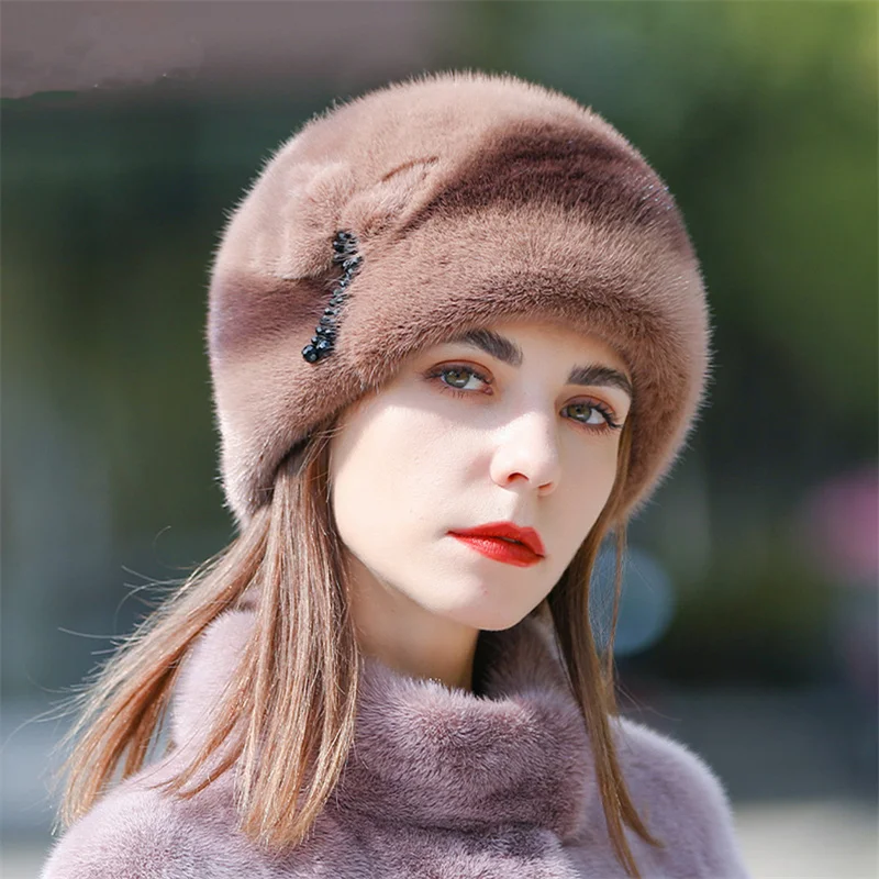 New Russian Women\'s Fur Ski Cap Winter Warm Mink Cap Luxury Hat Female Ear Cap Fishermen Warm Ear Cap Flower Basin Cap