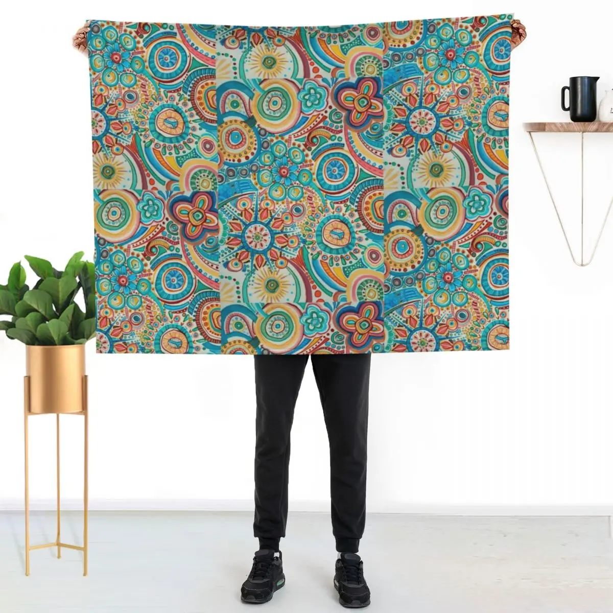 

Joy with flowers, stars, blue, yellow, green, orange, red mandala Throw Blanket Soft Cozy Blanket for Pet Kids Adults