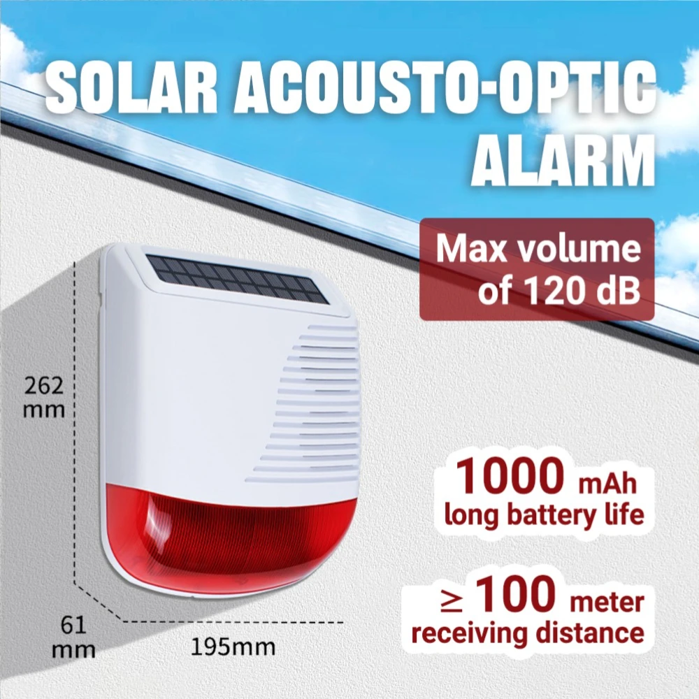 Solar Powered 433MHz Wireless Acousto-optic Alarm Siren 120dB Outdoor Waterproof w/ Strobe Flash for Home Security & Anti-theft