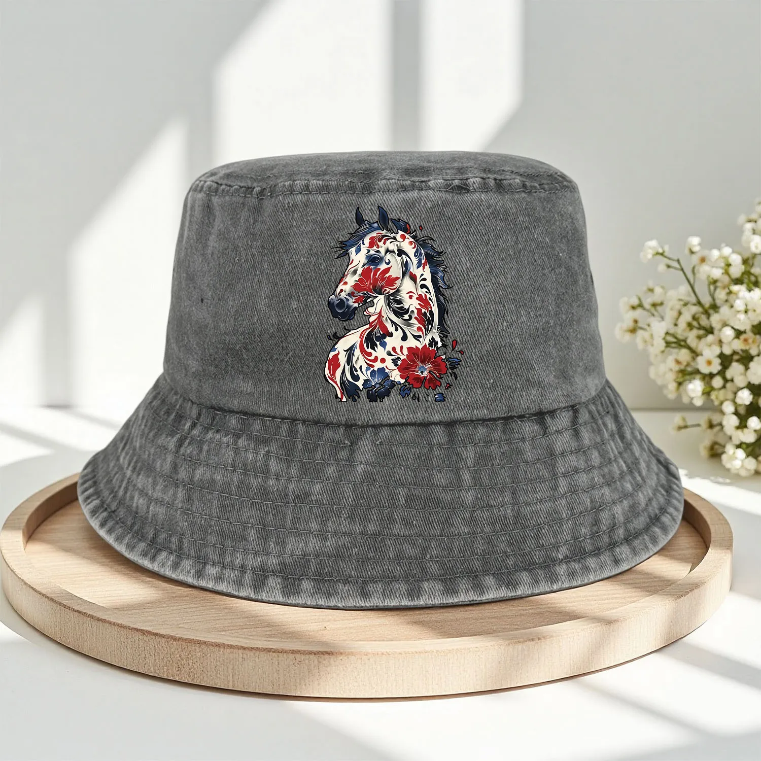 A Washed Denim Bucket Hat with a 
