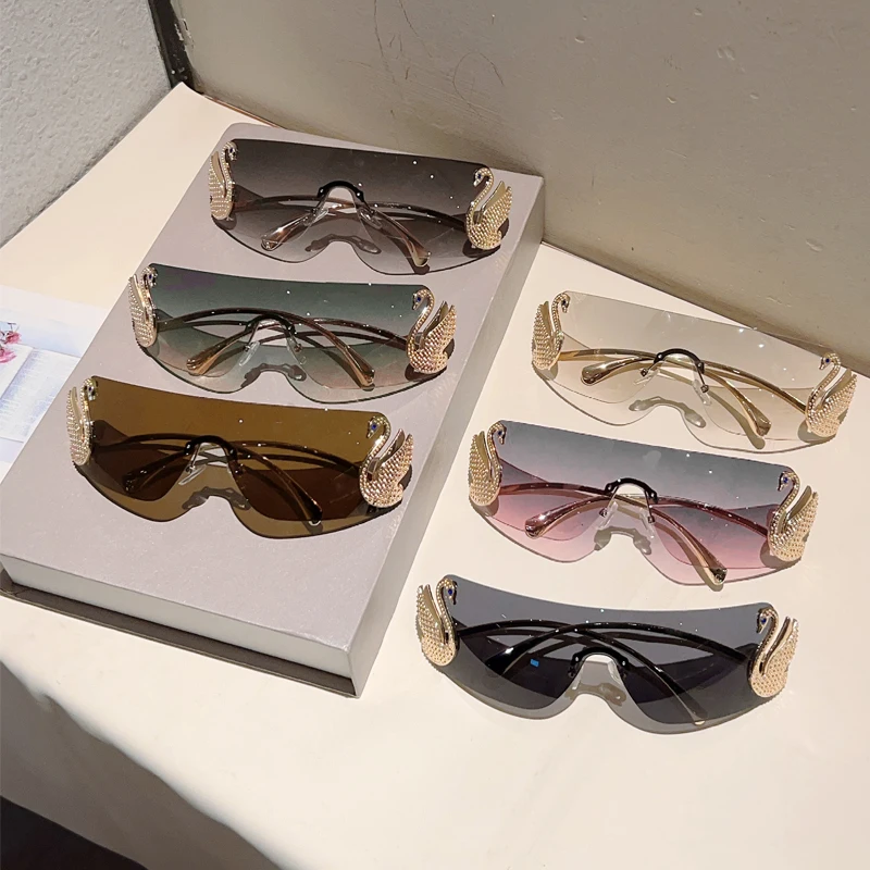 KAMMPT Randlose Y2k-Sonnenbrille für Damen, modisch, Monoblock-Farbverlaufsfarben, 2025, neue trendige Luxus-Markendesign-Dekor-Sonnenbrille – Detail 4