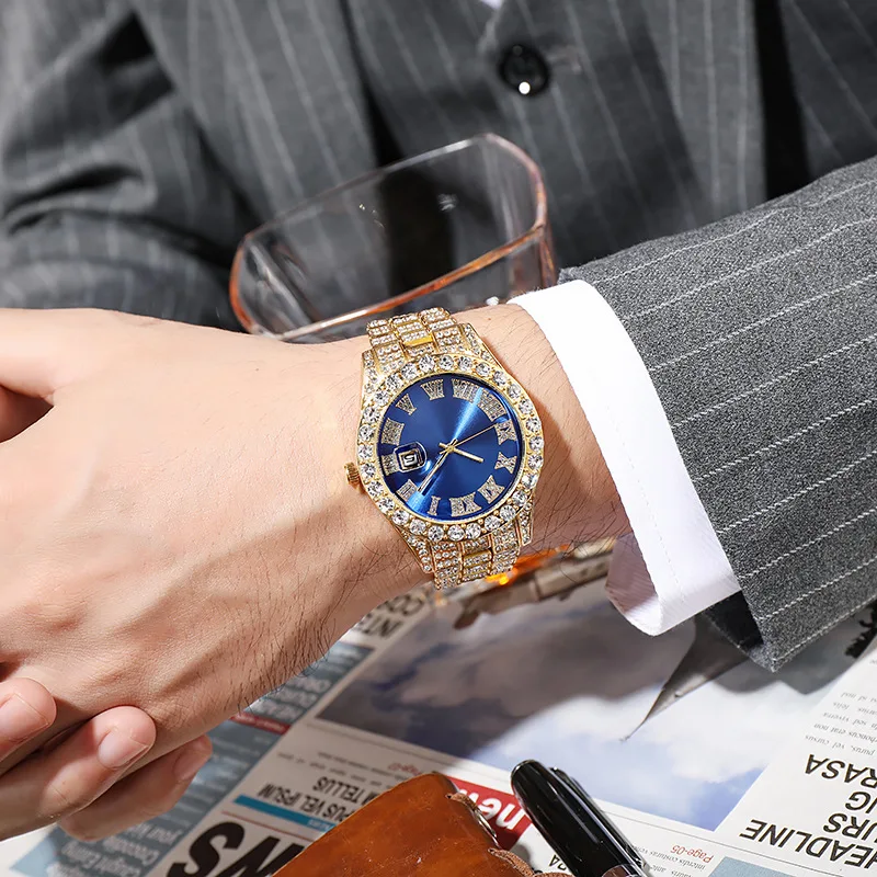 Fashion Classic Golden Men's Steel Strap Roman Scale Rhinestone Calendar Quartz Watch Luxury Male Wristwatch Relogio Masculino