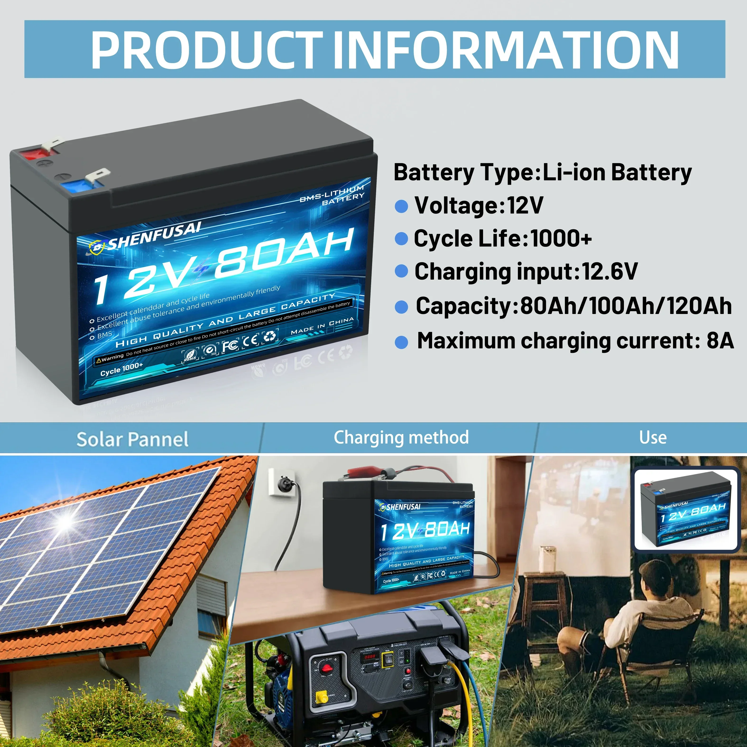 

18650 lithium-ion battery pack, built-in 12V 100Ah/80Ah BMS 30A for electric vehicle emergency lighting, toy car battery