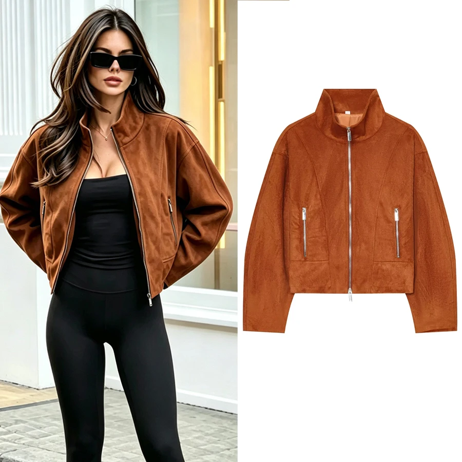 Women Fall Faux Suede Cropped Jacket Women Brown Stand Collar Zip Up Long Sleeve Vintage Coat Casual Streetwear Lady Outerwear