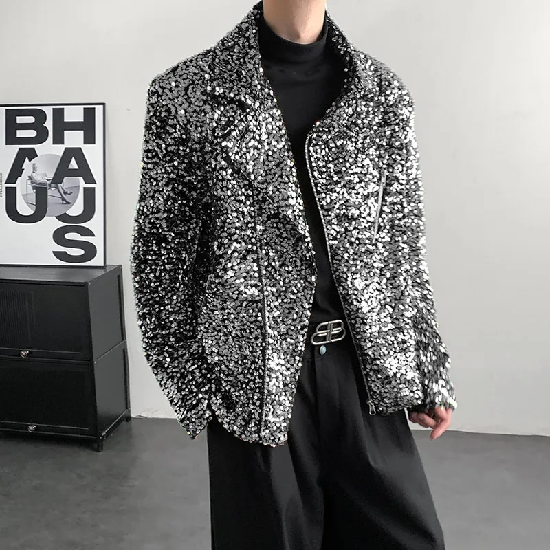 

Весна 2026 Мужская повседневная мотоциклетная куртка-жакет для выступлений, с яркими пайетками, премиум-класса, укороченная